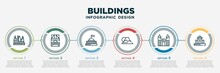 Infographic Template Design With Buildings Icons. Buildings Concept With 6 Options Or Steps. Included Cathedral Of Saint Basil, Notre Dame, Goverment Building, Fuji Mountain, Charles Bridge, Moot
