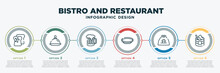 Infographic Template Design With Bistro And Restaurant Icons. Bistro And Restaurant Concept With 6 Options Or Steps. Included Toasted Bread, Tray And Cover, Foamy Beer Jar, Round Plate, Cake Box,
