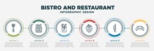Infographic Template Design With Bistro And Restaurant Icons. Bistro And Restaurant Concept With 6 Options Or Steps. Included Spatula Utensil, French Fries Box, Lemonade With Straw, Strawberry