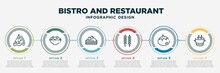 Infographic Template Design With Bistro And Restaurant Icons. Bistro And Restaurant Concept With 6 Options Or Steps. Included Pepperoni Pizza Slice, Appetizers Bowl, Cut Cake Piece, Two Brochettes,