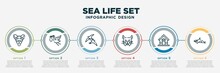 Infographic Template Design With Sea Life Set Icons. Sea Life Set Concept With 6 Options Or Steps. Included Snow Leopard, Stork, Birds, Wild Cat, Kennel, Orca. Can Be Used Web, Info Graph, Flow