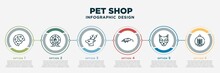 Infographic Template Design With Pet Shop Icons. Pet Shop Concept With 6 Options Or Steps. Included Bite, Hamster Ball, Roe, Desman, Singapura, Terrarium. Can Be Used Web, Info Graph, Flow Chart.