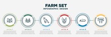 Infographic Template Design With Farm Set Icons. Farm Set Concept With 6 Options Or Steps. Included American Wirehair Cat, Serengeti Cat, Raven, Cornish Rex Cat, Ant Eater, Coop. Can Be Used Web,