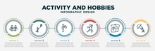 Infographic Template Design With Activity And Hobbies Icons. Activity And Hobbies Concept With 6 Options Or Steps. Included Boat Race, Flying A Kite, Greedy, Exercising, Mahjong, Gliding