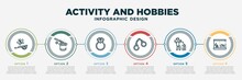 Infographic Template Design With Activity And Hobbies Icons. Activity And Hobbies Concept With 6 Options Or Steps. Included Butterfly Catcher, Magician, Jewelry Making, Arrest, Beatboxing, Aquarium.
