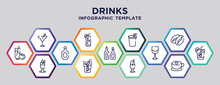 Hexagon Infographic Template Design. Infographic Elements From Drinks Concept. Included Tomato Juice, Mint Julep, Fresh Soda With Lemon Slice And Straw, Wine Bottles, Ramos Gin Fizz, Coffee Bean,