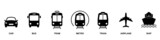 Fototapeta  - Air, Auto, Railway Transport Silhouette Icon Set. Stop Station Sign for Public Transport Glyph Pictogram. Car, Bus, Tram, Train, Metro, Plane, Ship Icon in Front View. Isolated Vector Illustration