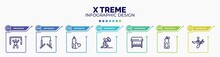 Infographic For X Treme Concept. Vector Infographic Template With Icons And 7 Option Or Steps. Included Goalie, Horizontal Bars, Food And Drink, Kitesurfing, Team Bench, Sport Bottle, Kayaking