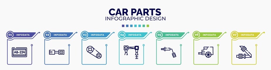 infographic for car parts concept. vector infographic template with icons and 7 option or steps. included car numberplate, car petrol cap, camshaft, torsion bar, wheel brace, tailpipe, seat belt or