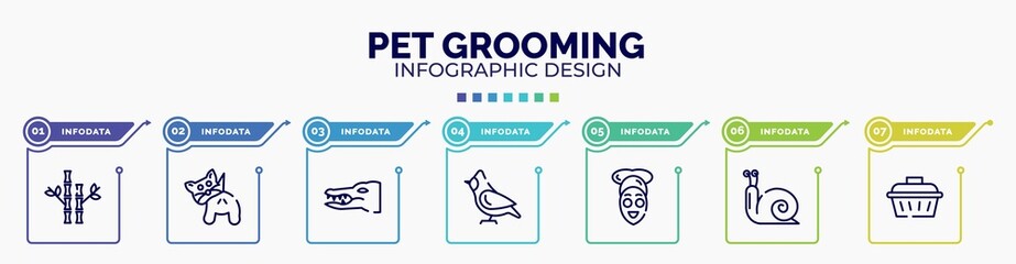 Wall Mural - infographic for pet grooming concept. vector infographic template with icons and 7 option or steps. included bamboo, null, crocodile, cardinal, facial treatment, snail, pet cage editable vector.