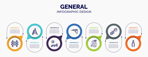 Wall Mural - infographic for general concept. vector infographic template with icons and 7 option or steps. included traffic barriers, stepladder, deck chair under the sun, perforator, fire estinguisher, live