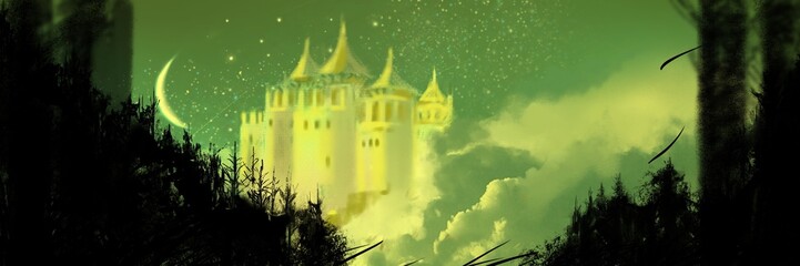 Silhouettes of beautiful European castles floating in the deep forest on a starry night	