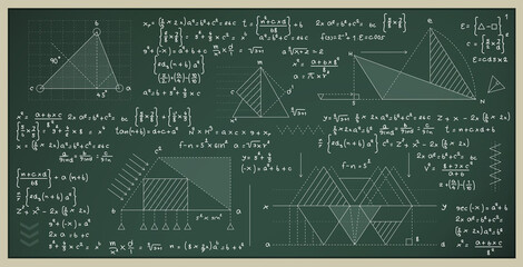 Wall Mural - Mathematical and scientific formulas for finding the area of a triangle on a blackboard.