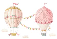 Beautiful Image With Cute Watercolor Hand Drawn Retro Vintage Air Balloon With Flags. Stock Illustration.
