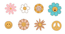 Groovy Flowers Set. Retro 70s Smiling Flowers Graphic Elements Isolated Collection. Hippie, Peace, Flower Power Simple Linear Style Groovy Smiling Face Illustration. Retro Vintage Flowers.