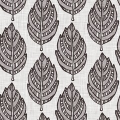 French grey botanical leaf linen seamless pattern with 2 tone country cottage style motif. Simple vintage rustic fabric textile effect. Primitive modern shabby chic kitchen cloth design.