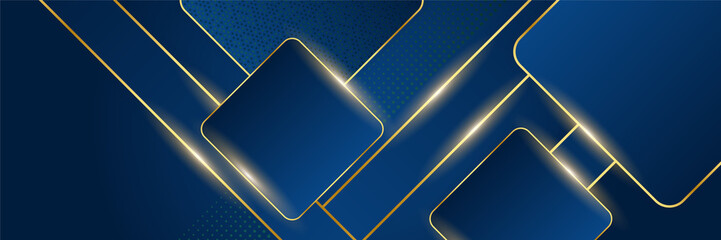 Wall Mural - Luxury dark blue overlap dimension background on metal pattern. Colorful golden glitters halftone texture with shiny realistic golden elements. Modern vector design template.