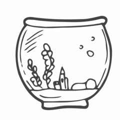 Wall Mural - Doodle aquarium for pet goldfish. Vector illustration . Doodle style. Aquarium with algae. Vector sketch