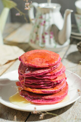 Wall Mural - Pink pancake breakfast, tea party.