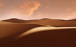 Leinwandbild Motiv Panorama of sand dunes Sahara Desert at sunset. Endless dunes of yellow sand. Desert landscape Waves sand nature