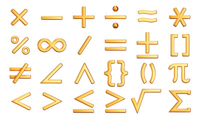 Math symbol icon set. Mathematical symbol for working with calculations. Isolated 3d gold icons, objects on a transparent background