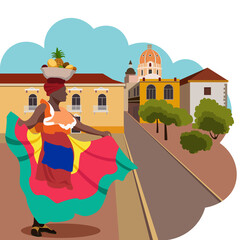 A Colombian woman in a national costume and with a bowl of fruit on her head stands against the backdrop of the famous Colombian architecture. Republic of Colombia