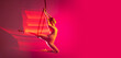 Dynamic portrait of young artistic girl, professional air gymnast training, performing isolated over pink background with mixed lights effect. Flyer
