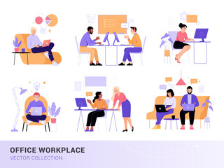 Fototapete - Office workplaces collection. Vector illustration of diverse office workers using their laptops and computers by desktops, on the sofa and armchair. Isolated on white