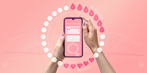 Wall Mural - Menstrual cycle tracker mobile app on the smartphone screen in the hands of a woman. Modern technologies for tracking women's health, pregnancy planning