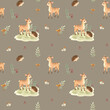Seamless watercolor pattern on the theme of autumn and cute animals with small deer and hedgehogs, branches with leaves, wild berries, twigs, stumps, mushrooms and decor for your design in high qualit