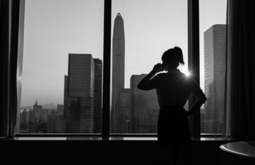 Wall Mural - Businesswoman using mobile phone in front of the window