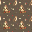 Seamless watercolor pattern on the theme of autumn and cute animals with little owls, branches with leaves, wild berries, twigs, stumps, mushrooms and decor for your design in high quality