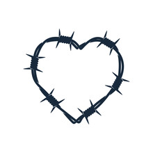 Vector Silhouette Heart Twisted From Barbed Wire. Isolated On White Background.