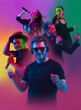 © master1305 - Composite image of young emotional people, boys and girls on multicolored background in neon. Concept of emotions, youth
