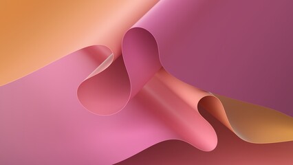 3d render, abstract background with folded paper scrolls, modern wallpaper with yellow pink gradient, wavy folds