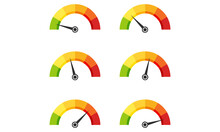 A Set Of Five Barometers Of Different Quality Or Level. Colorful Speedometer. Vector Illustration