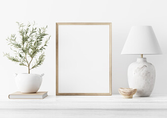 Poster - Painting art mockup with empty vertical wooden frame standing in simple traditional home interior with small olive tree and classic marble lamp on white background. Illustration, 3d rendering