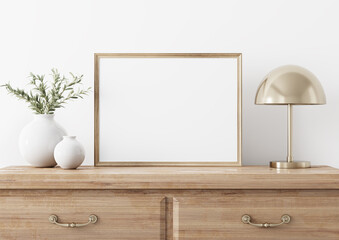 Aufkleber - Horizontal wooden frame mockup in traditional living room interior with classic chest of drawers, brass lamp and olive twigs in vase on white wall background. Illustration, 3d rendering