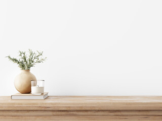 Aufkleber - Traditional interior wall mockup with green twigs in vase and candle standing on light brown wooden table on empty white background. 3D rendering, illustration