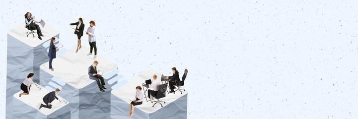 Contemporary artwork. Business people, epmloyees working, doing different tasks, communicating, symbolising well-coordinated work