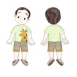 Drawn little boy who stands full-length both from the front and from the back. A child in a light summer suit. Digital illustration in the style of colored pencils and watercolor
