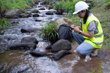 Environmental engineers inspect water quality at natural water sources and record data on smartphones. Woman scientist and environmental issues. World environment day concept.