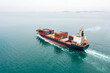 Container ship full speed sailing in sea for transporting cargo logistic import and export goods internationally around the world, including Asia Pacific and Europe, Aerial view