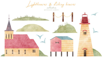 Watercolor hand drawn set with flat cartoon illustartion of lighthouse, islands, fishing houses, church. Collection of scandinavian nursery minimalistic style elements isolated on white background