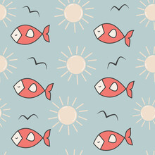 Cute Cartoon Abstract Red Fish Seamless Vector Pattern Background Illustration With Sun And Birds Silhouette