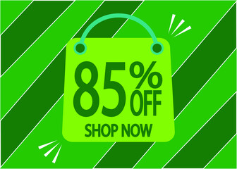 85 percent discount. 85% off discount green banner with floating bag for promotions and offers.