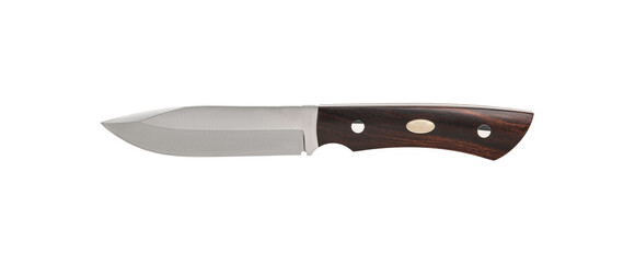 Modern hunting knife with silver blade and rubber handle. Steel arms. Isolate on a white back