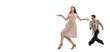 © master1305 - Young man and woman in vintage retro style outfits dancing social dance isolated on white background. Timeless traditions, 1960s american fashion style and art