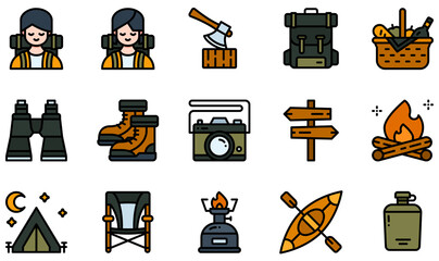 Poster - Set of Vector Icons Related to Camping. Contains such Icons as Adventurer, Axe, Backpack, Basket, Boots, Campfire and more.