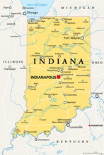 Indiana, IN, Political Map, With The Capital Indianapolis, And Most Important Cities, Rivers And Lakes. State In The Midwestern Region Of The United States Of America, Nicknamed The Hoosier State.